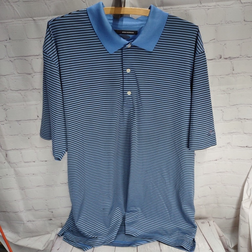 Greg Norman Play Dry Mens XL BLUE Striped Short Sleeve Golf Polo Shirt Soft